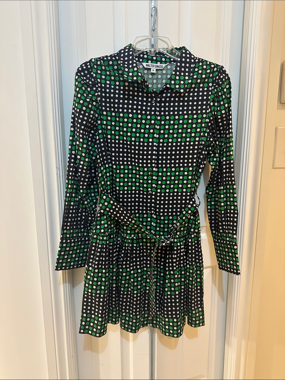 Walter Baker Navy Blue Belted Dress with Green & White Dot Print Ruffle mini